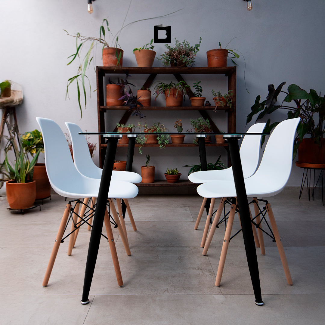 COMEDOR RECTANGULAR TAPA VIDRIO MÁS 4 SILLAS DKR TIPO EAMES BLANCAS