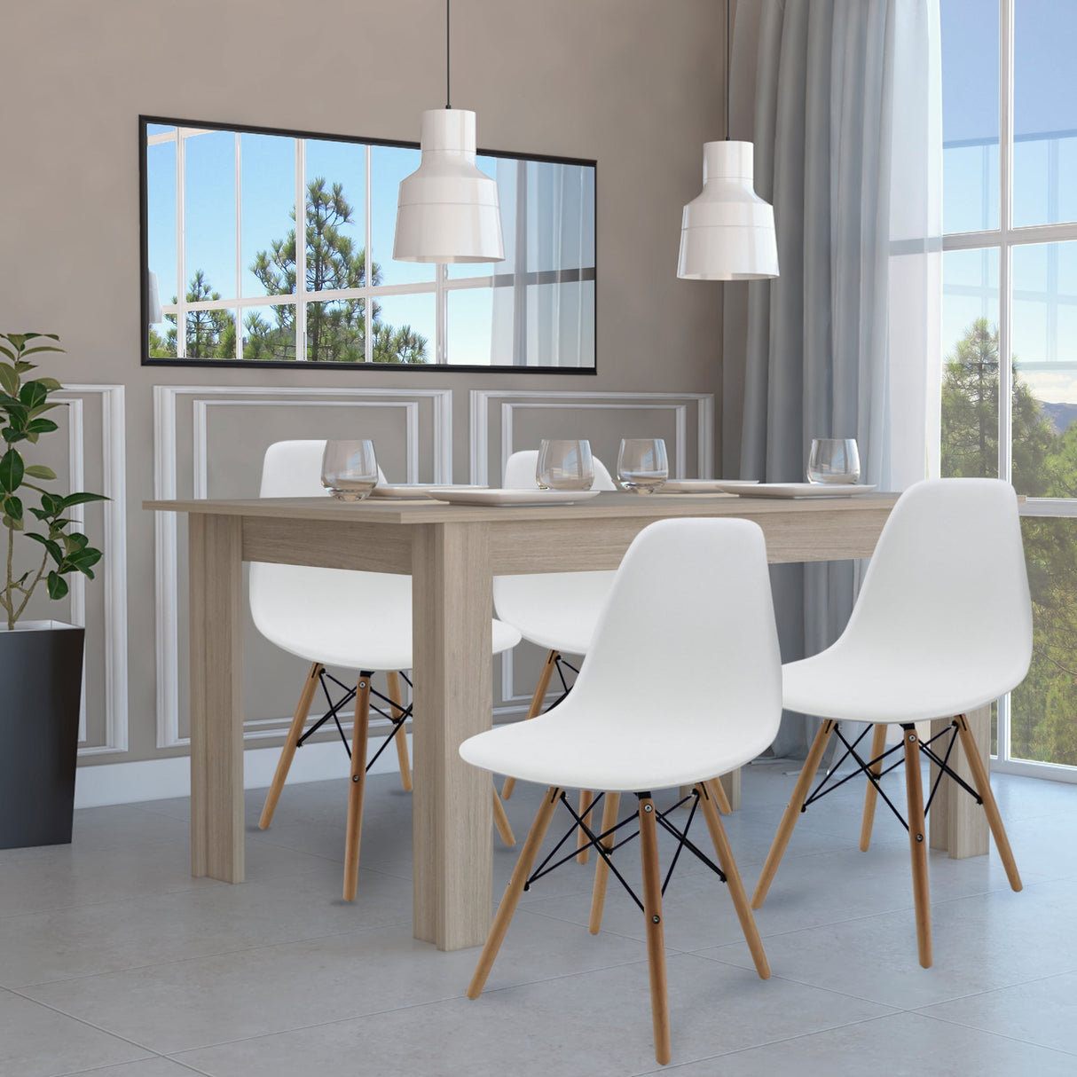 COMEDOR CUADRADO PORTOFINO MÁS 4 SILLAS DKR TIPO EAMES BLANCAS
