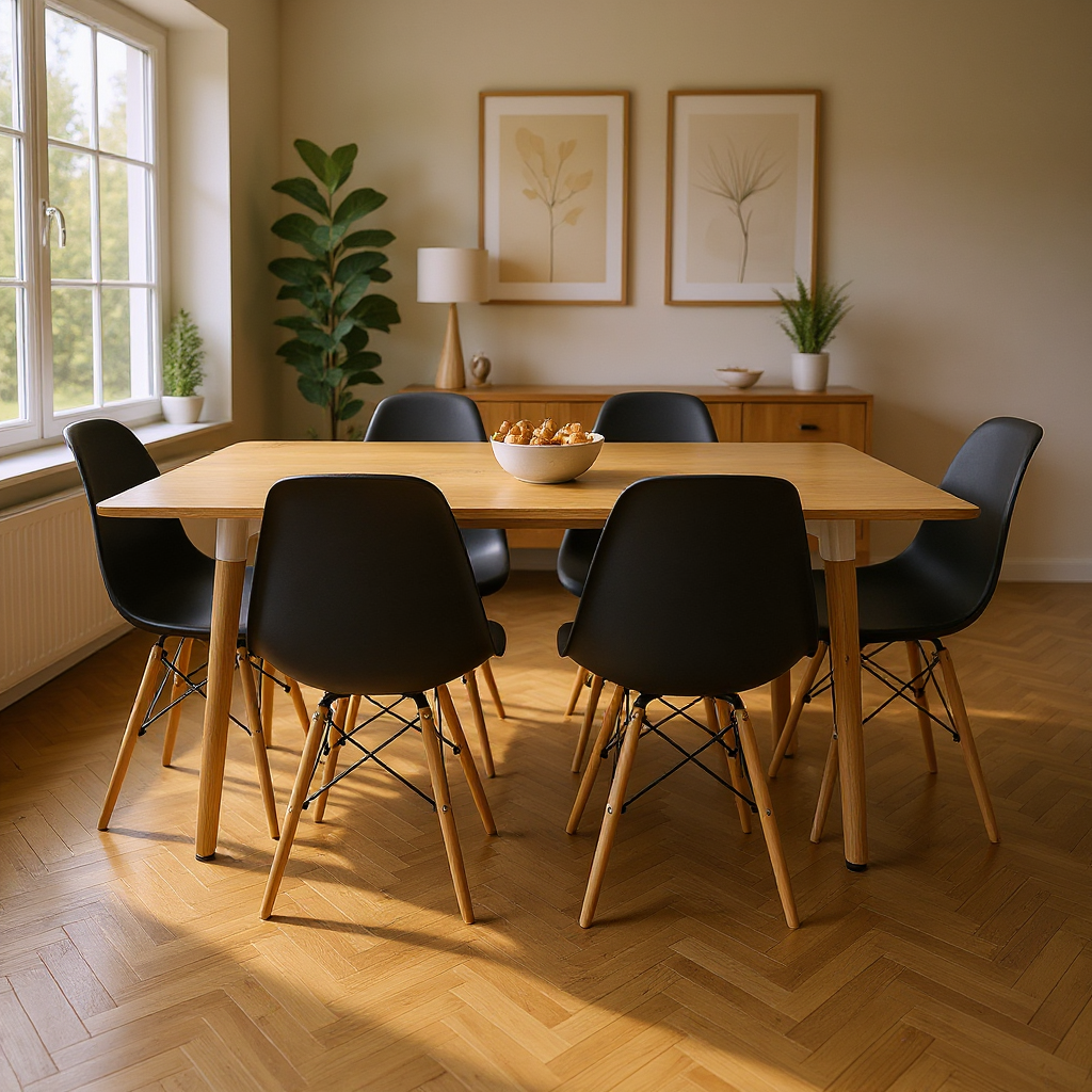 COMEDOR RECTANGULAR BRAVUS MÁS 6 SILLAS DKR TIPO EAMES NEGRAS