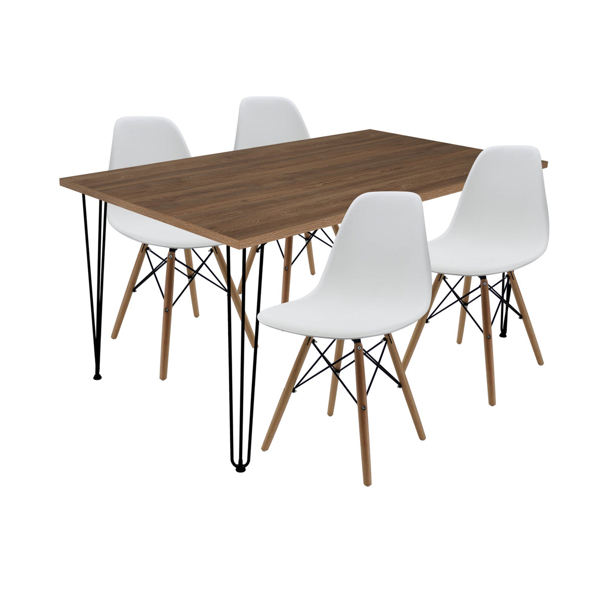 COMEDOR RECTANGULAR VASSEL MÁS 4 SILLAS DKR TIPO EAMES BLANCAS