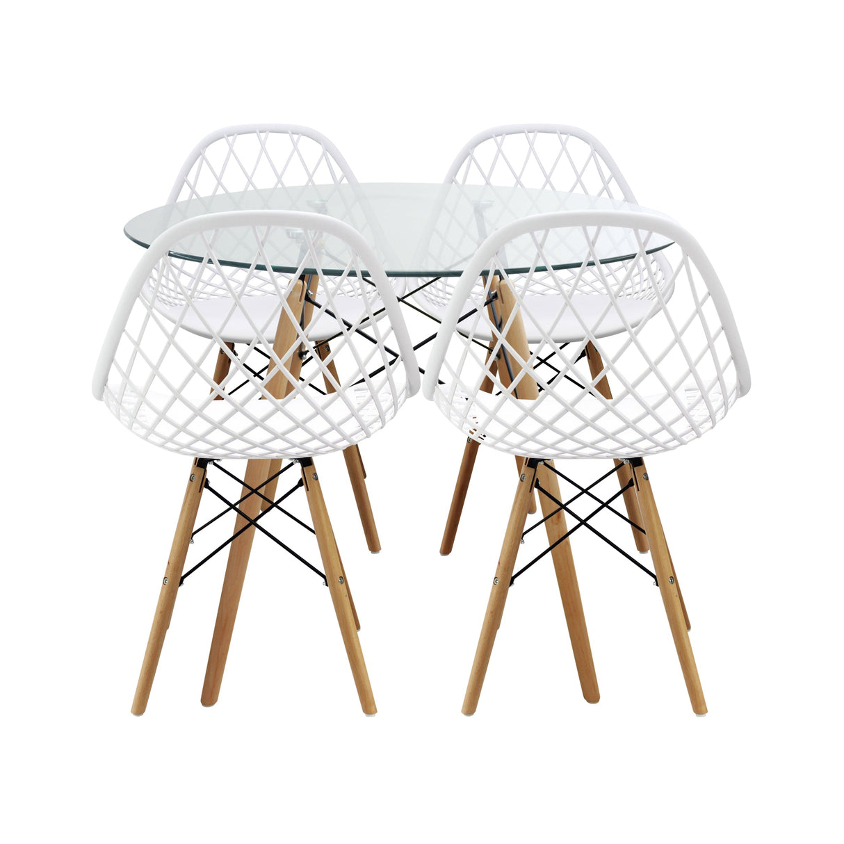 COMEDOR REDONDO TAPA VIDRIO MÁS 4 SILLAS KAILA BLANCAS