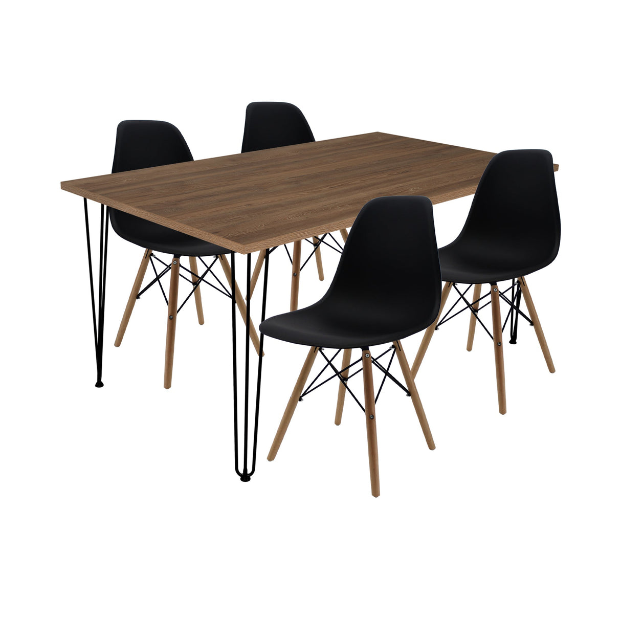 COMEDOR RECTANGULAR VASSEL MÁS 4 SILLAS DKR TIPO EAMES NEGRAS