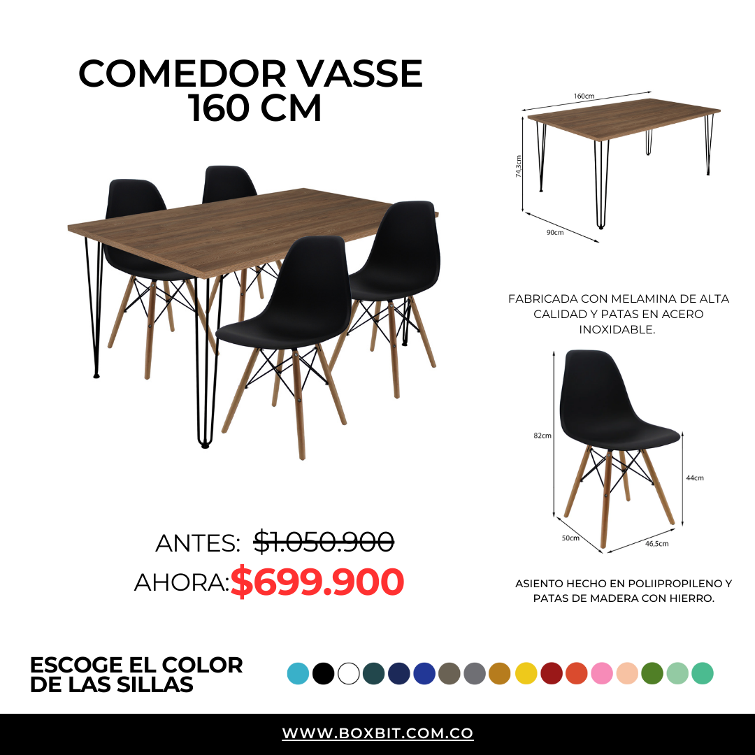 COMEDOR RECTANGULAR VASSEL MÁS 4 SILLAS DKR TIPO EAMES NEGRAS