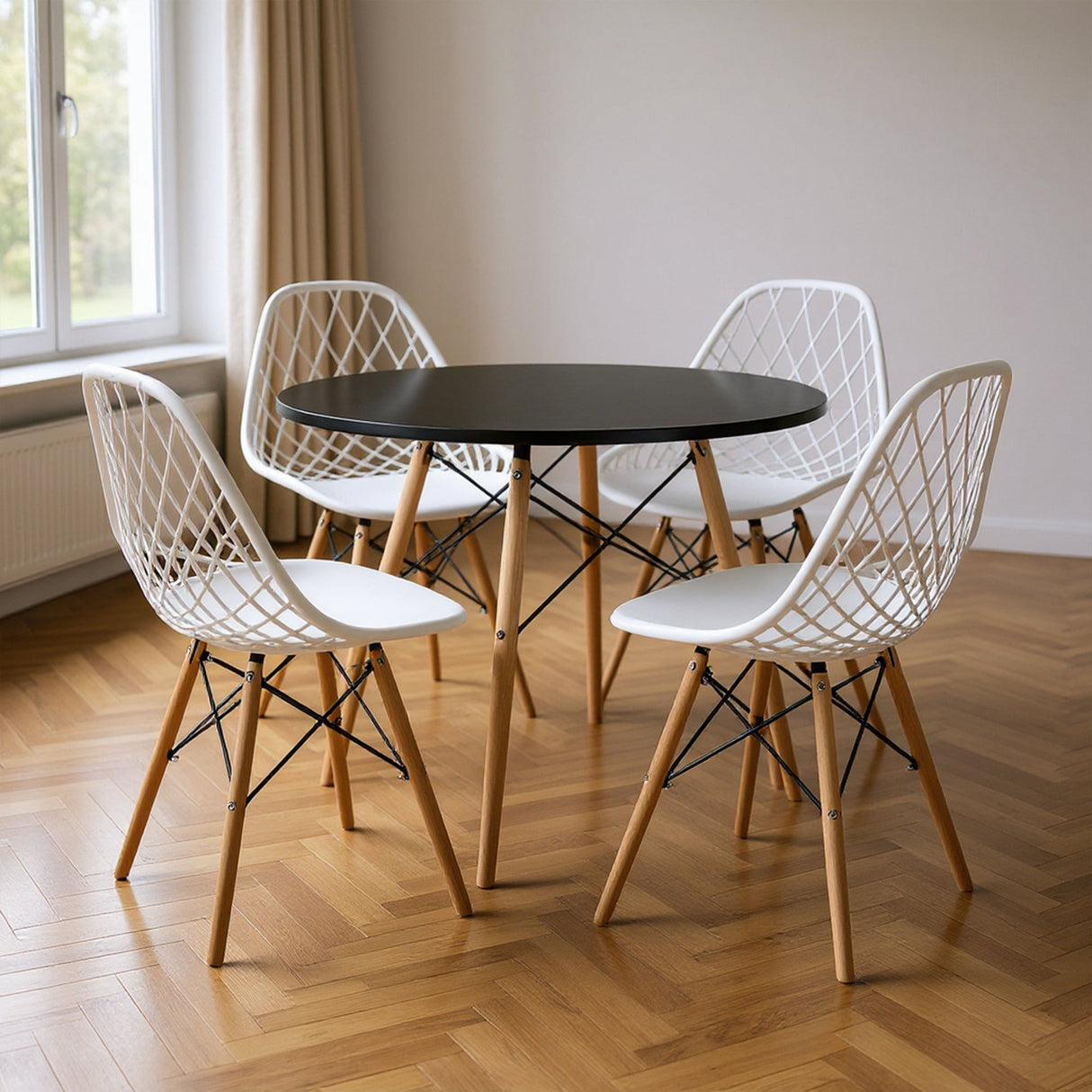 COMEDOR REDONDO TAPA NEGRA MÁS 4 SILLAS KAILA BLANCAS