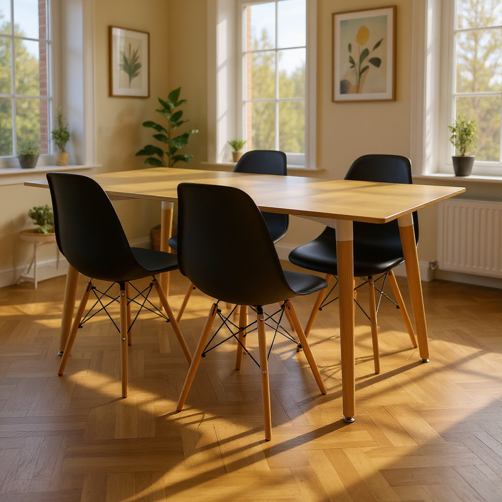 COMEDOR RECTANGULAR BRAVUS MÁS 4 SILLAS DKR TIPO EAMES NEGRAS