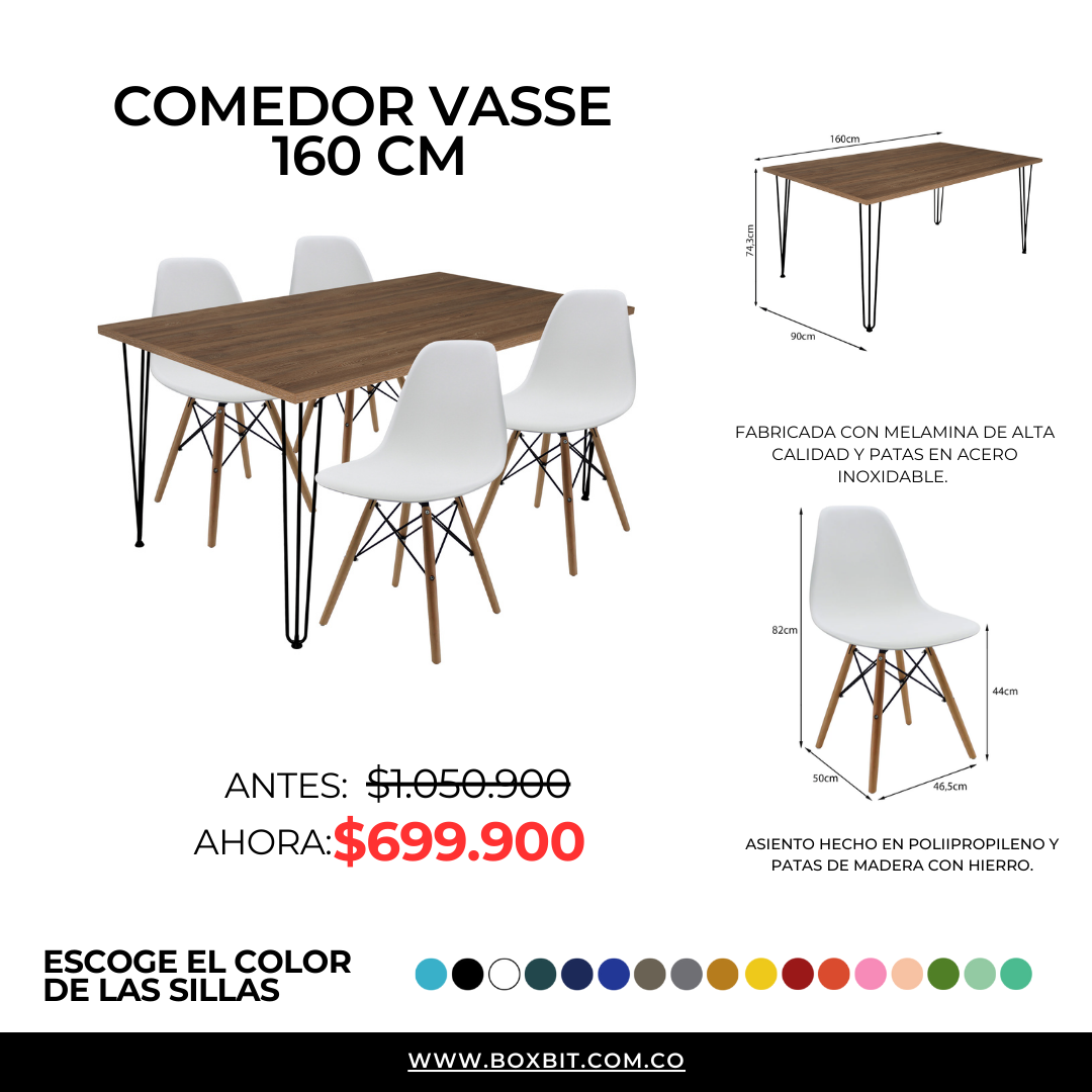 COMEDOR RECTANGULAR VASSEL MÁS 4 SILLAS DKR TIPO EAMES BLANCAS