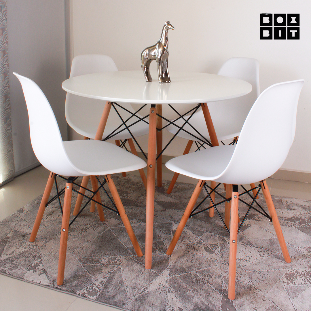 COMEDOR REDONDO TAPA BLANCA MÁS 4 SILLAS DKR TIPO EAMES BLANCAS