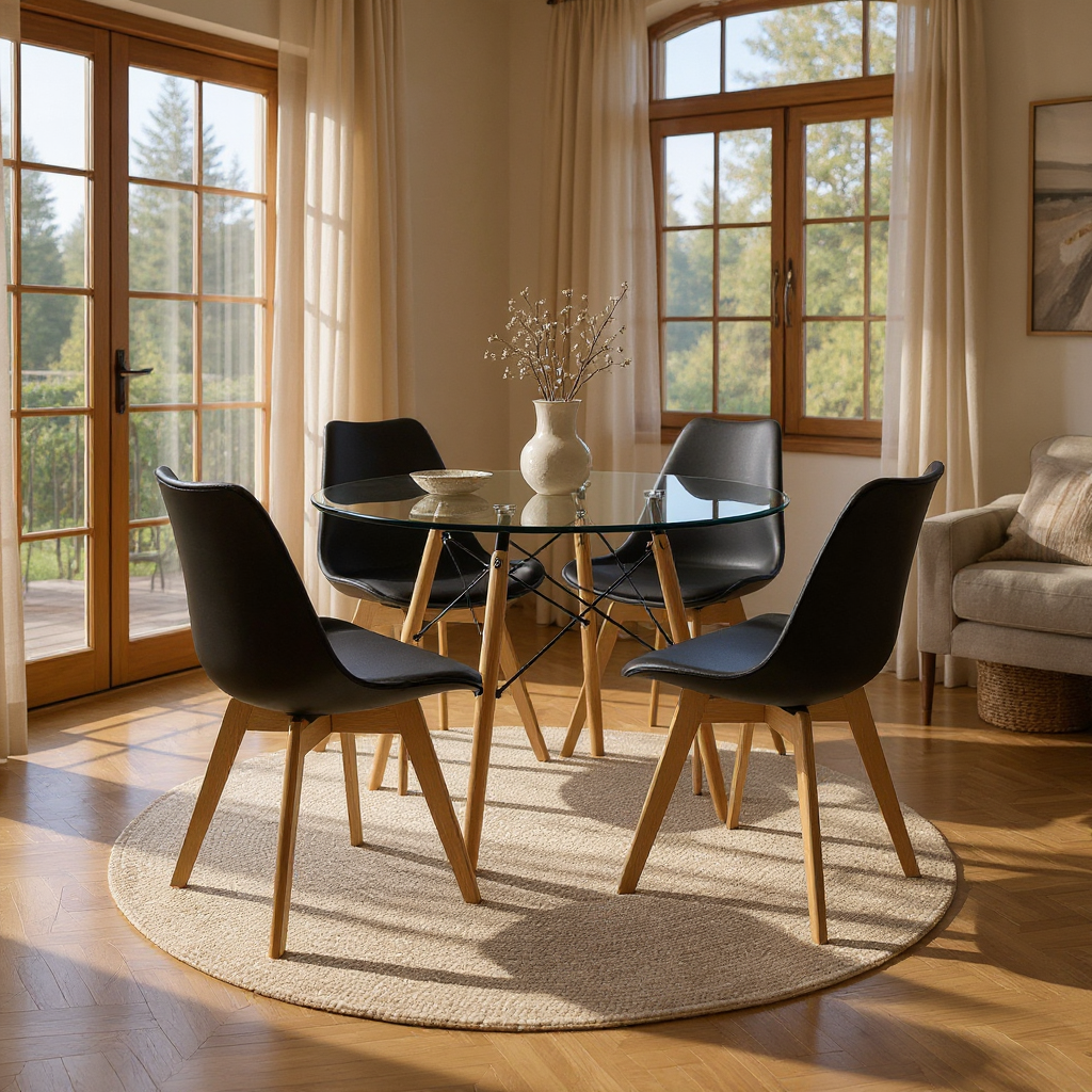 COMEDOR REDONDO TAPA VIDRIO MÁS 4 SILLAS JOLY NEGRAS