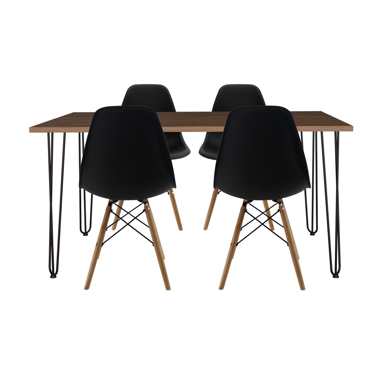 COMEDOR RECTANGULAR VASSEL MÁS 4 SILLAS DKR TIPO EAMES NEGRAS