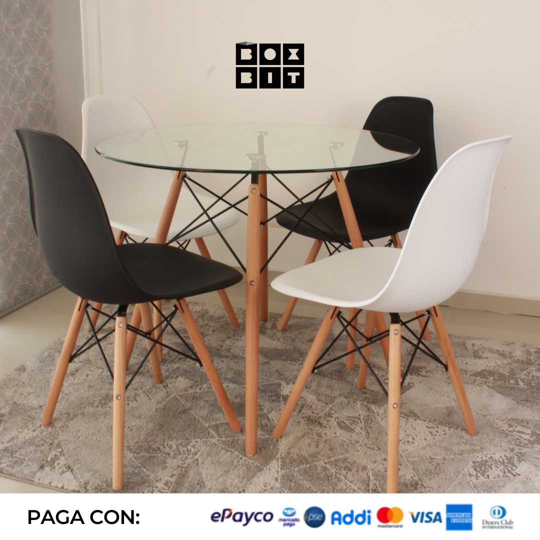 Comedor Redondo Tapa Vidrio más 4 sillas DKR Tipo Eames BoxBit