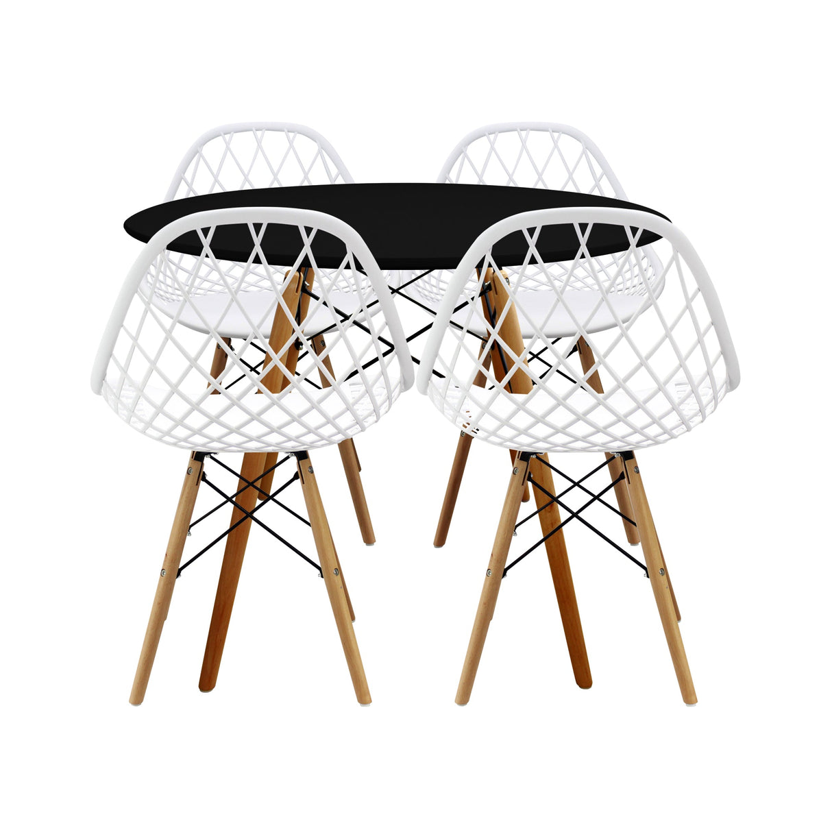 COMEDOR REDONDO TAPA NEGRA MÁS 4 SILLAS KAILA BLANCAS