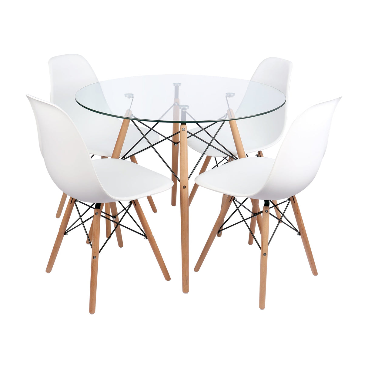 COMEDOR REDONDO TAPA VIDRIO MÁS 4 SILLAS DKR TIPO EAMES BLANCAS