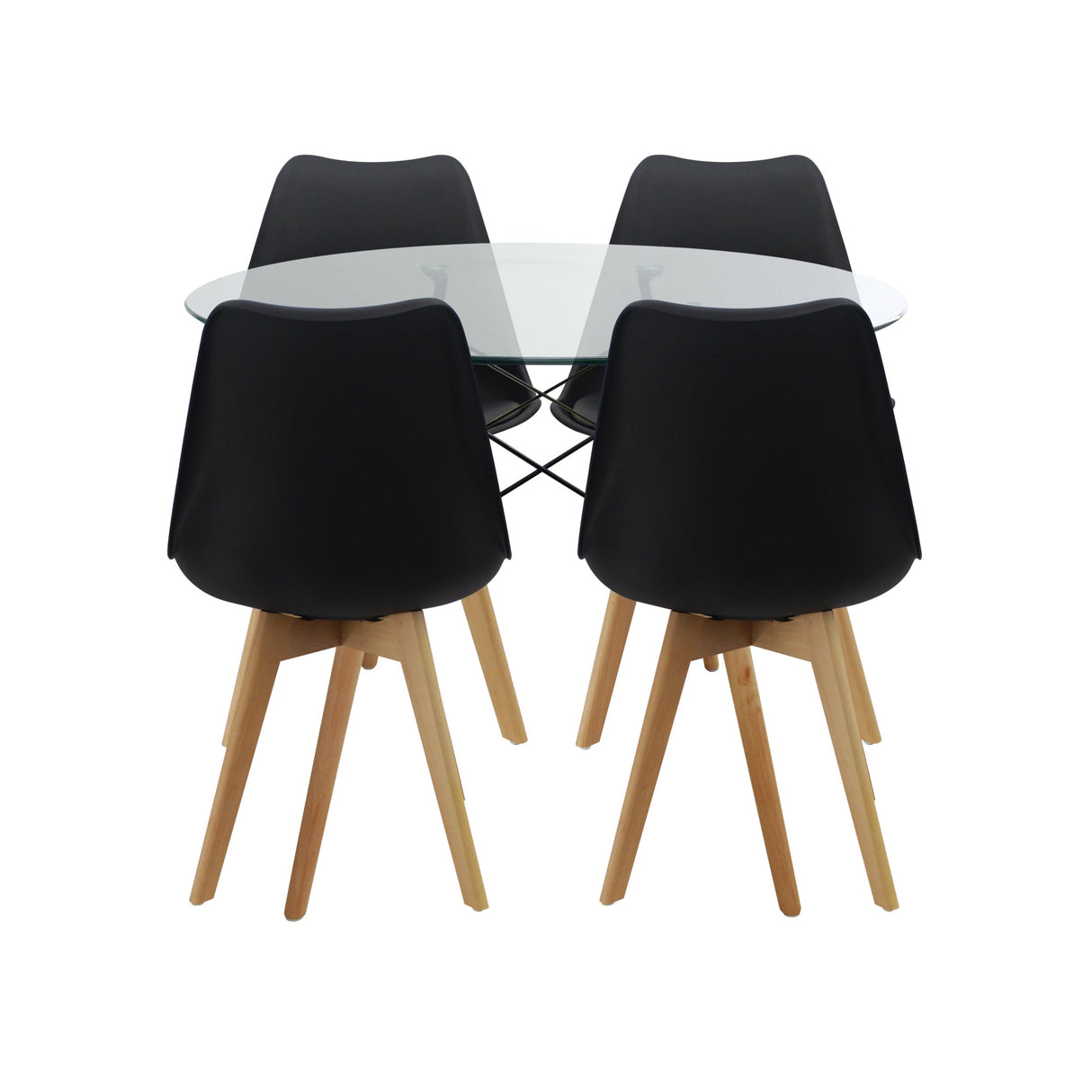 COMEDOR REDONDO TAPA VIDRIO MÁS 4 SILLAS JOLY NEGRAS