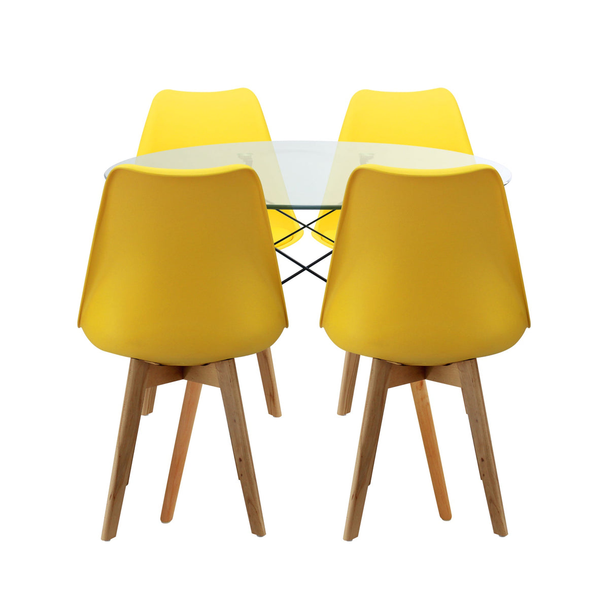 COMEDOR REDONDO TAPA VIDRIO MÁS 4 SILLAS JOLY AMARILLA