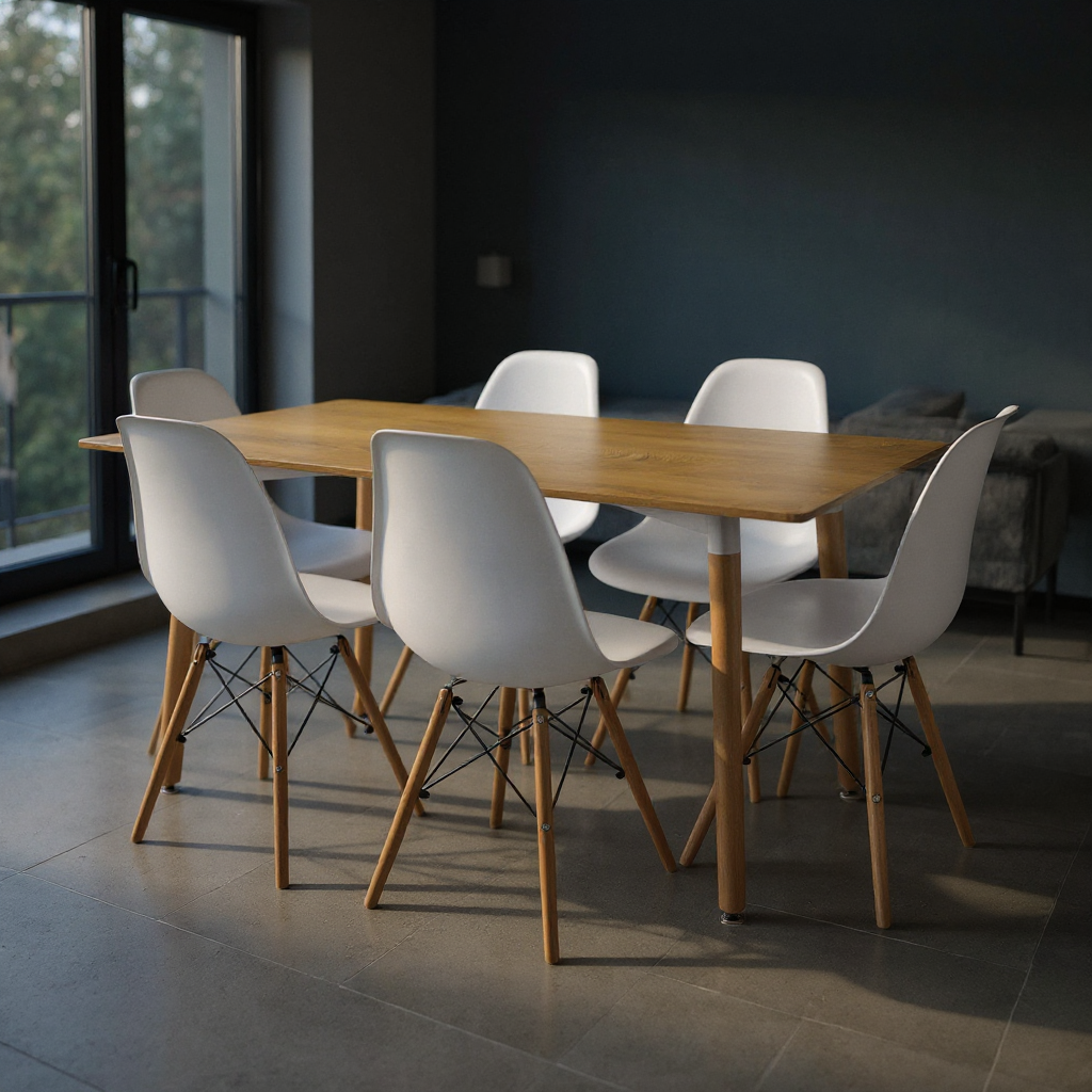 COMEDOR RECTANGULAR BRAVUS MÁS 6 SILLAS DKR TIPO EAMES BLANCAS
