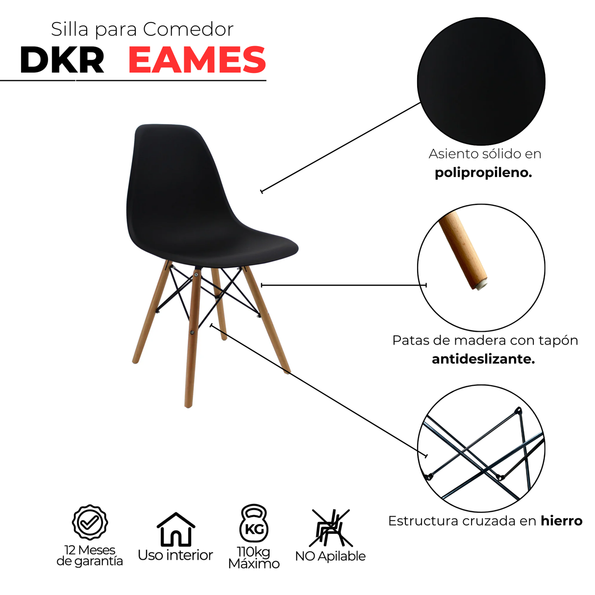 SET X 6 SILLAS DKR TIPO EAMES NEGRAS BOXBIT