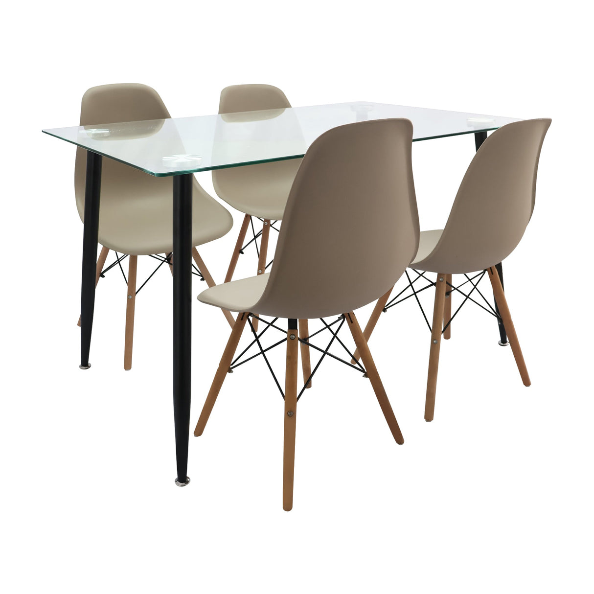 COMEDOR RECTANGULAR TAPA VIDRIO MÁS 4 SILLAS DKR TIPO EAMES BEIGE