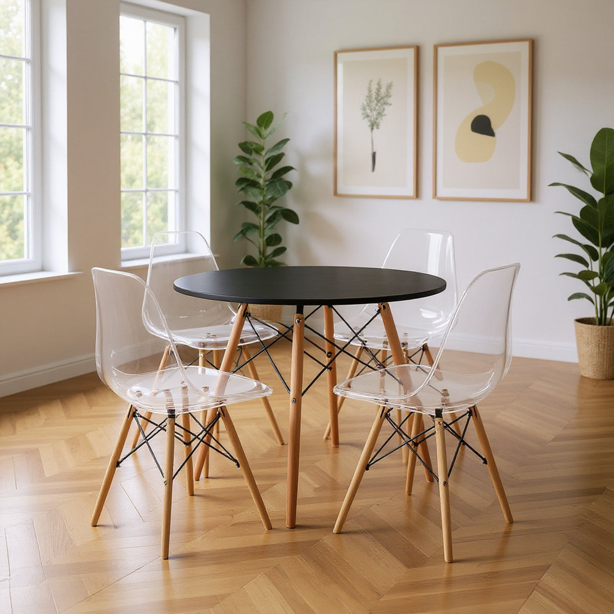 COMEDOR REDONDO TAPA NEGRA MÁS 4 SILLAS DKR PC