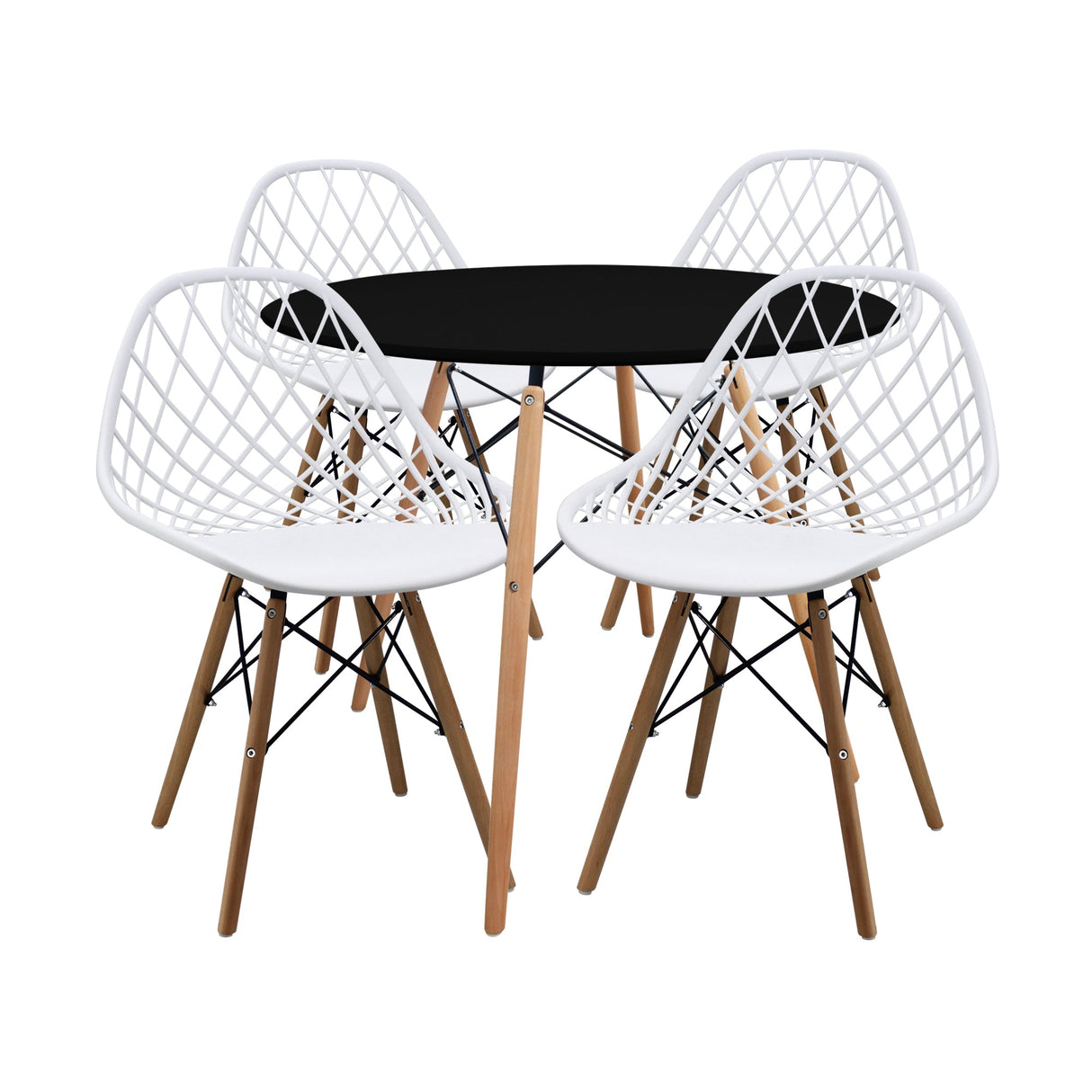 COMEDOR REDONDO TAPA NEGRA MÁS 4 SILLAS KAILA BLANCAS