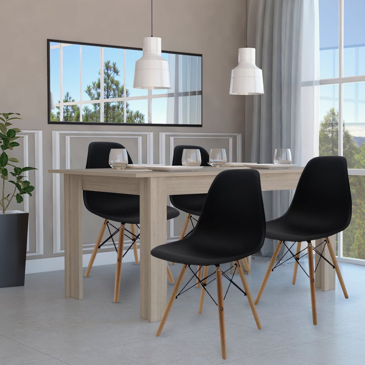 COMEDOR CUADRADO PORTOFINO MÁS 4 SILLAS DKR TIPO EAMES NEGRAS