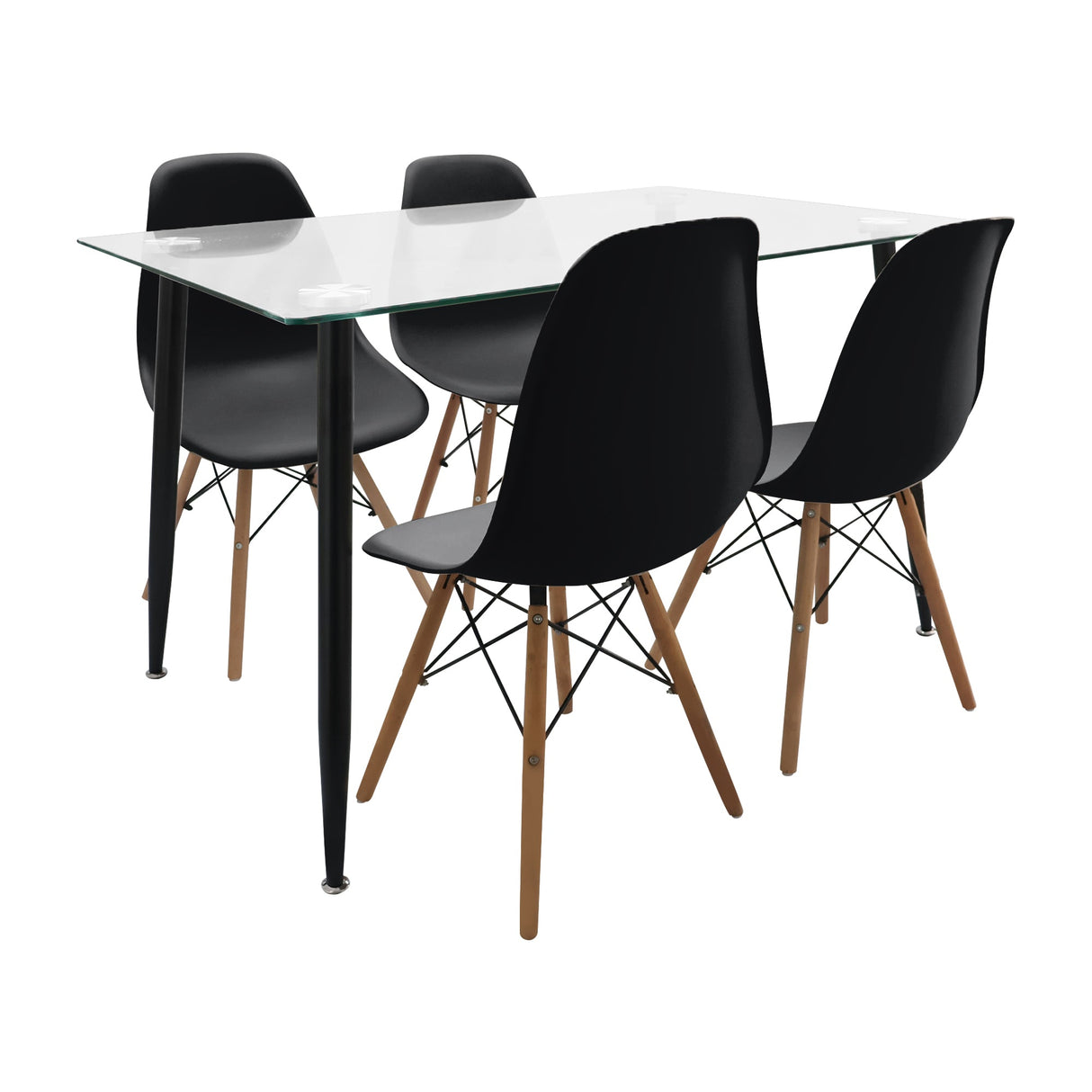COMEDOR RECTANGULAR TAPA VIDRIO MÁS 4 SILLAS DKR TIPO EAMES NEGRAS