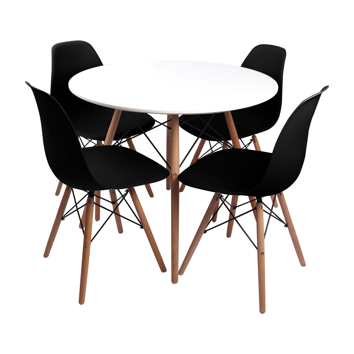 COMEDOR REDONDO TAPA BLANCA MÁS 4 SILLAS DKR TIPO EAMES NEGRAS