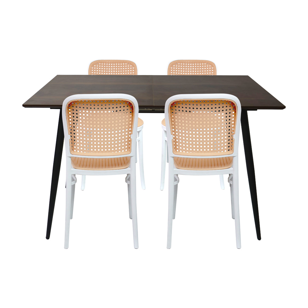 Comedor Nova con 4 Sillas Amis Blancas | Mesa Extensible y Sillas Tipo Ratán