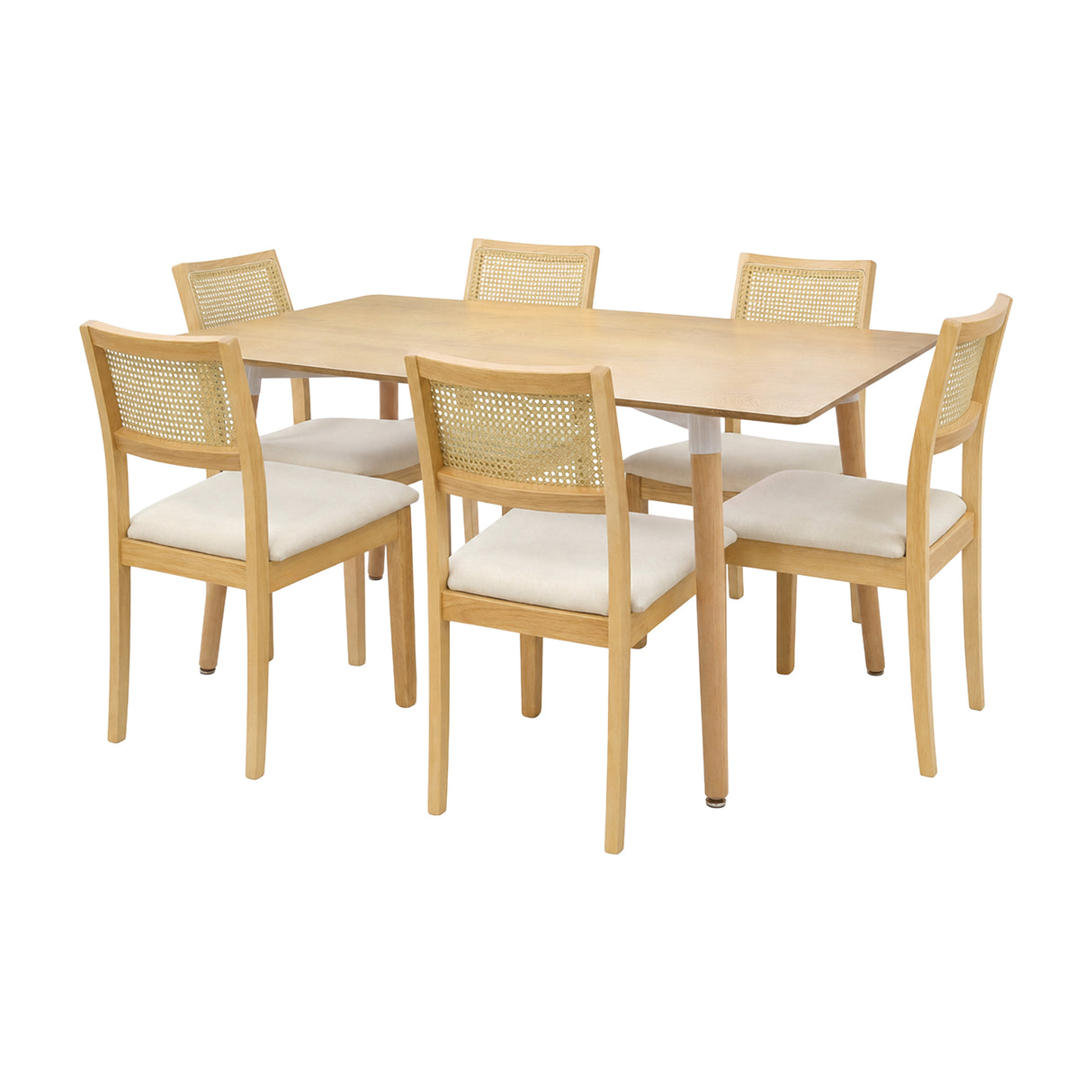 Comedor Bravus con 6 Sillas Dalia Beige | Mesa de Madera y Sillas con Respaldo en Ratán