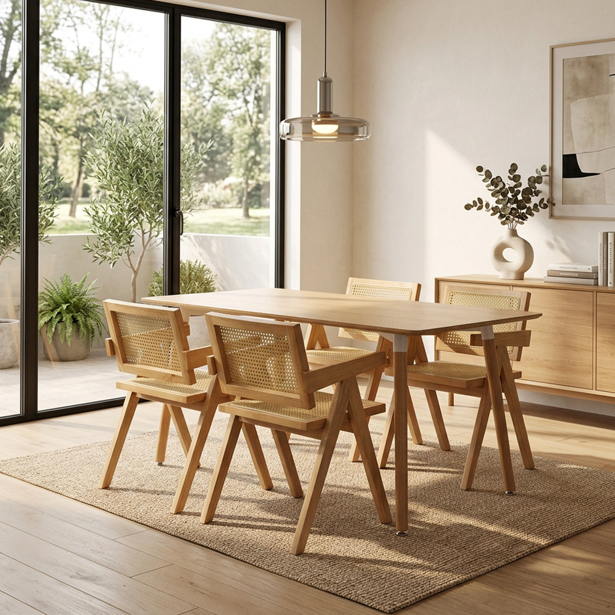 Comedor Bravus con 4 Sillas Buganvilia | Mesa de Madera y Sillas de Ratán