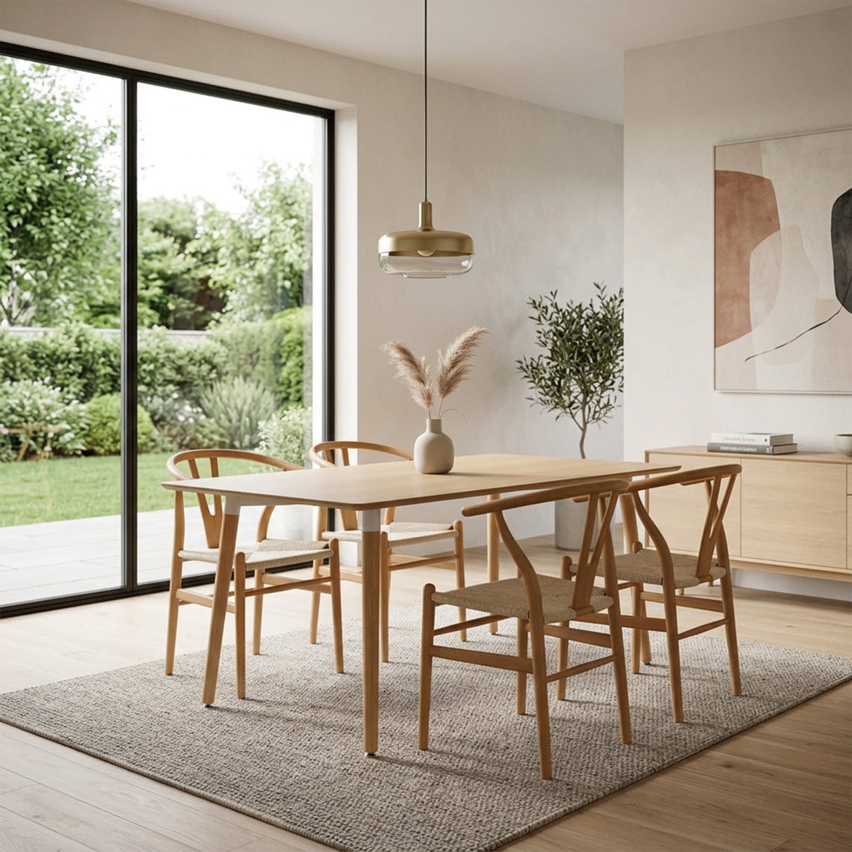 Comedor Bravus con 4 Sillas Loto | Mesa de Madera y Sillas con Asiento Tejido