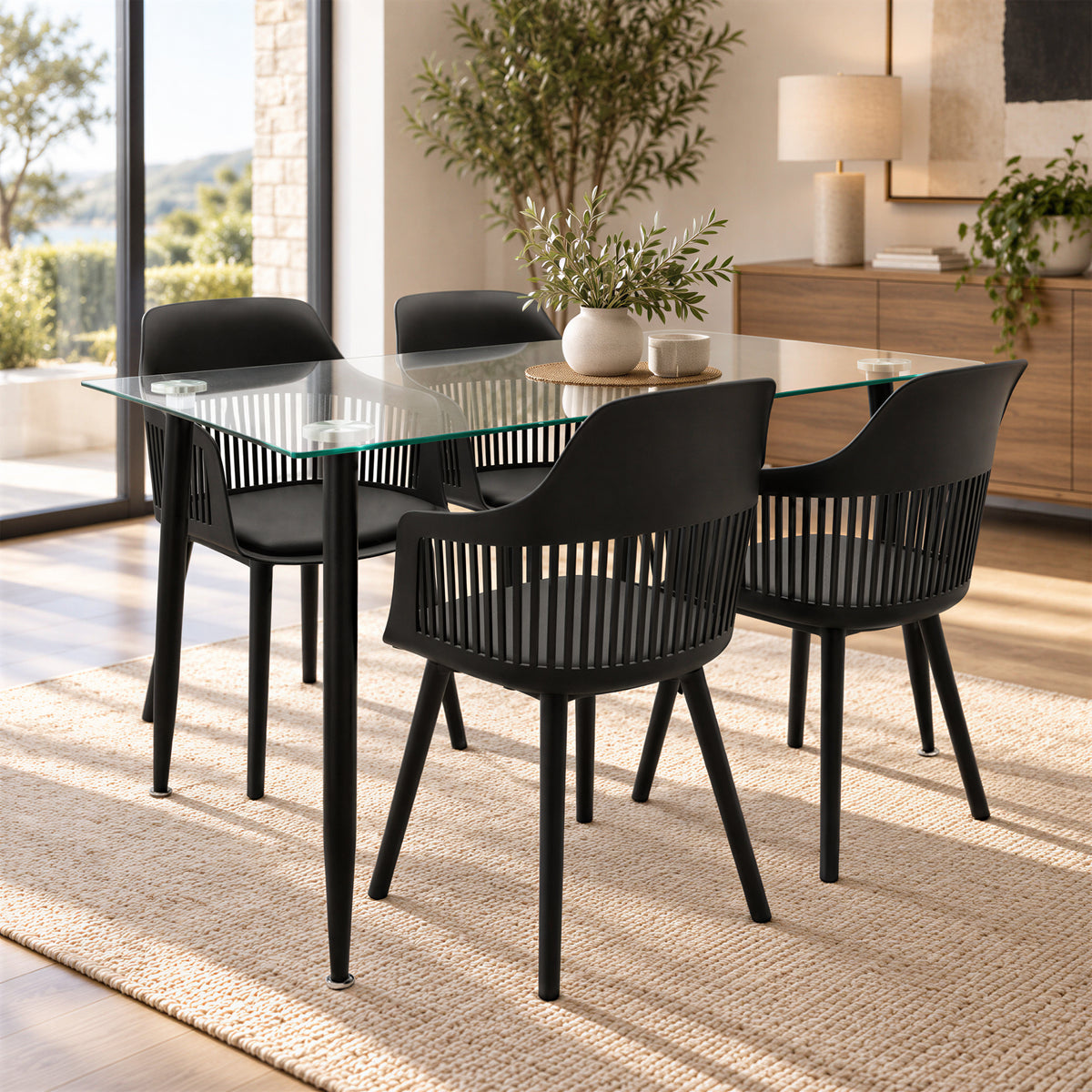 Comedor Rectangular Tapa Vidrio más 4 Sillas Mena Negras