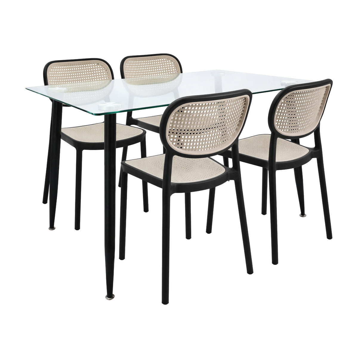 Comedor Rectangular Tapa Vidrio más 4 Sillas Silla Art Nattura Negras
