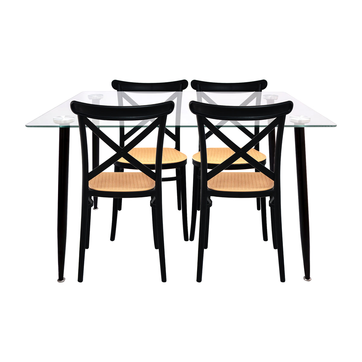 Comedor Rectangular Tapa Vidrio más 4 Sillas Plats Negras