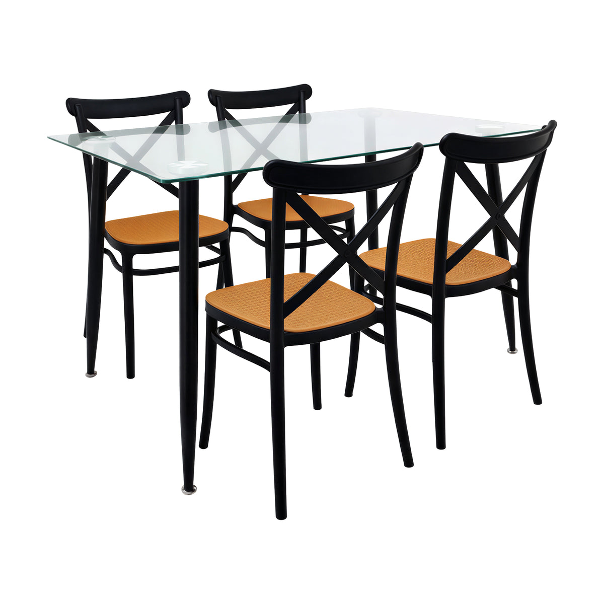 Comedor Rectangular Tapa Vidrio más 4 Sillas Plats Negras