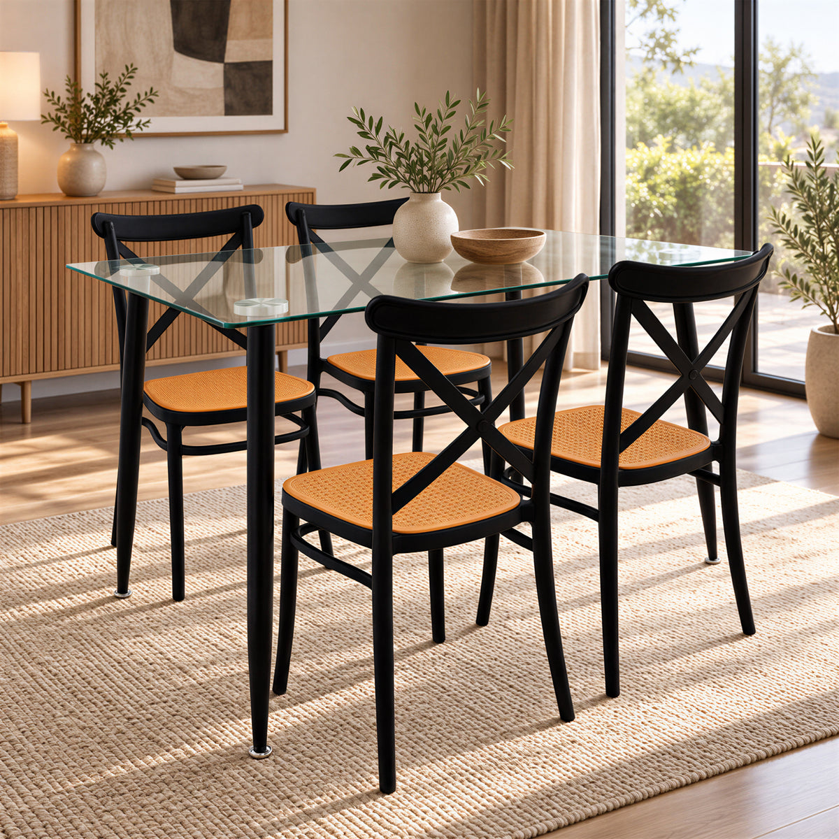 Comedor Rectangular Tapa Vidrio más 4 Sillas Plats Negras