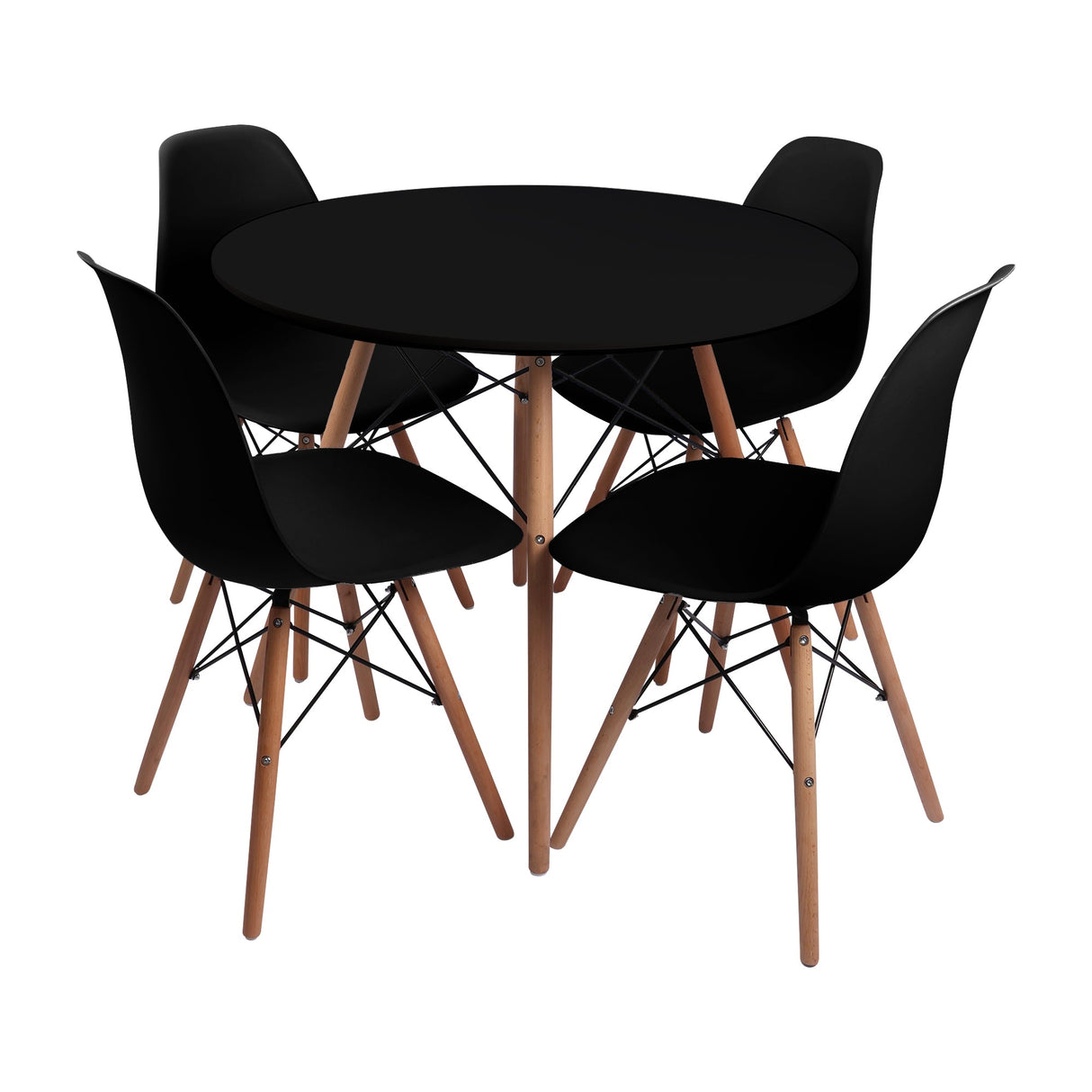 COMEDOR REDONDO TAPA NEGRA MÁS 4 SILLAS DKR TIPO EAMES NEGRAS