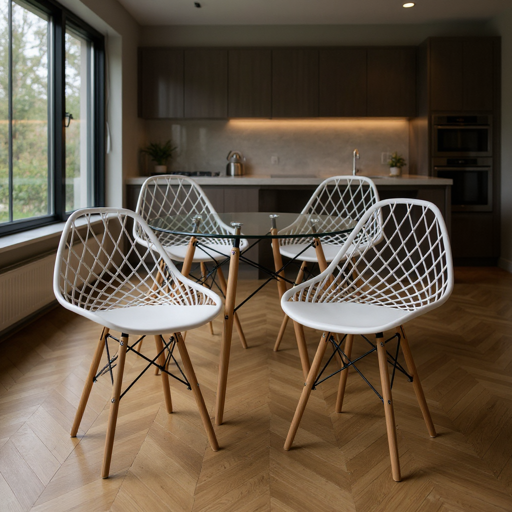 COMEDOR REDONDO TAPA VIDRIO MÁS 4 SILLAS KAILA BLANCAS