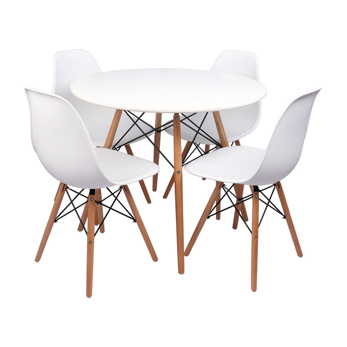 COMEDOR REDONDO TAPA BLANCA MÁS 4 SILLAS DKR TIPO EAMES BLANCAS