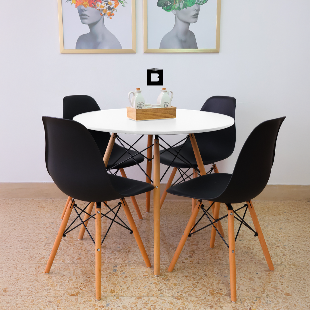 COMEDOR REDONDO TAPA BLANCA MÁS 4 SILLAS DKR TIPO EAMES NEGRAS