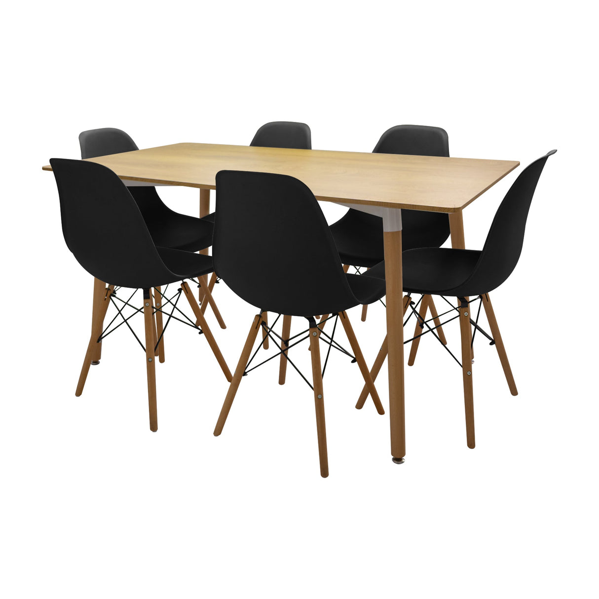 COMEDOR RECTANGULAR BRAVUS MÁS 6 SILLAS DKR TIPO EAMES NEGRAS