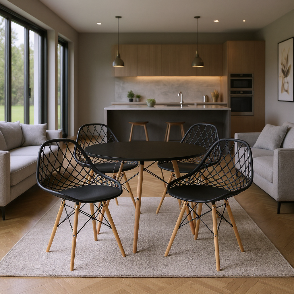 COMEDOR REDONDO TAPA NEGRA MÁS 4 SILLAS KAILA NEGRAS