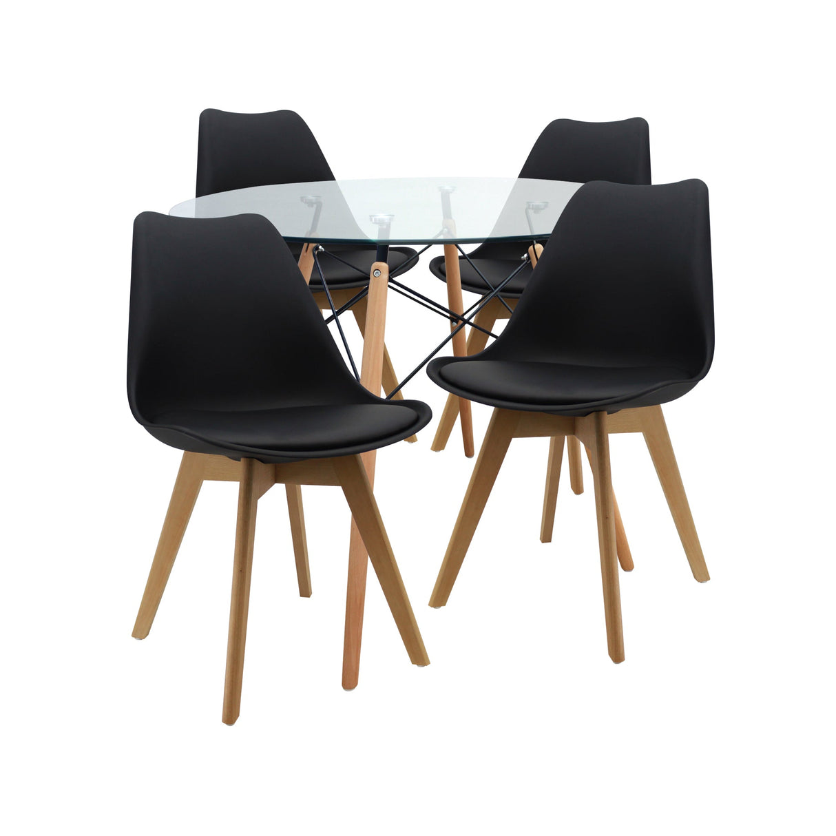 COMEDOR REDONDO TAPA VIDRIO MÁS 4 SILLAS JOLY NEGRAS
