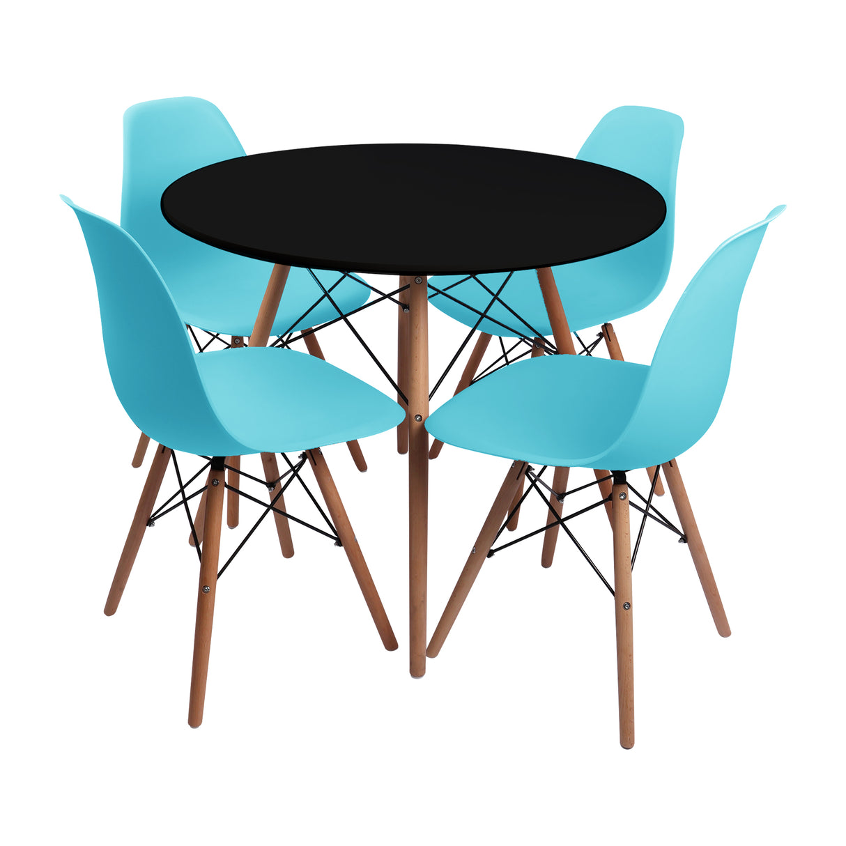 Comedor Redondo Tapa Negra más 4 sillas DKR Eames multicolor
