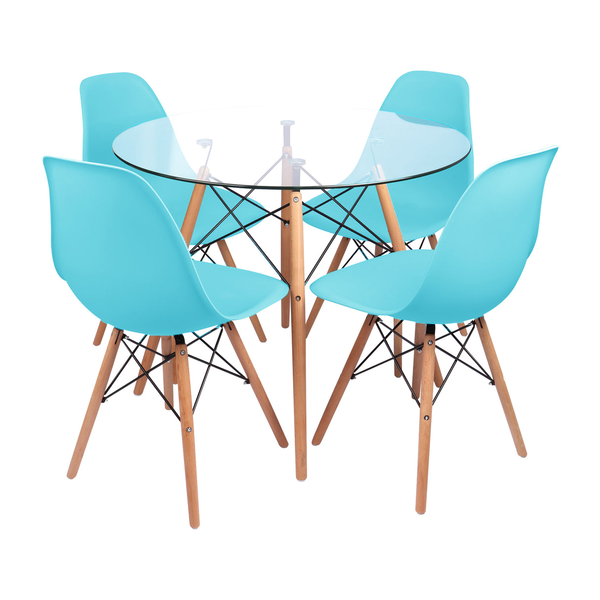 Comedor Redondo Tapa Vidrio más 4 sillas DKR Tipo Eames BoxBit