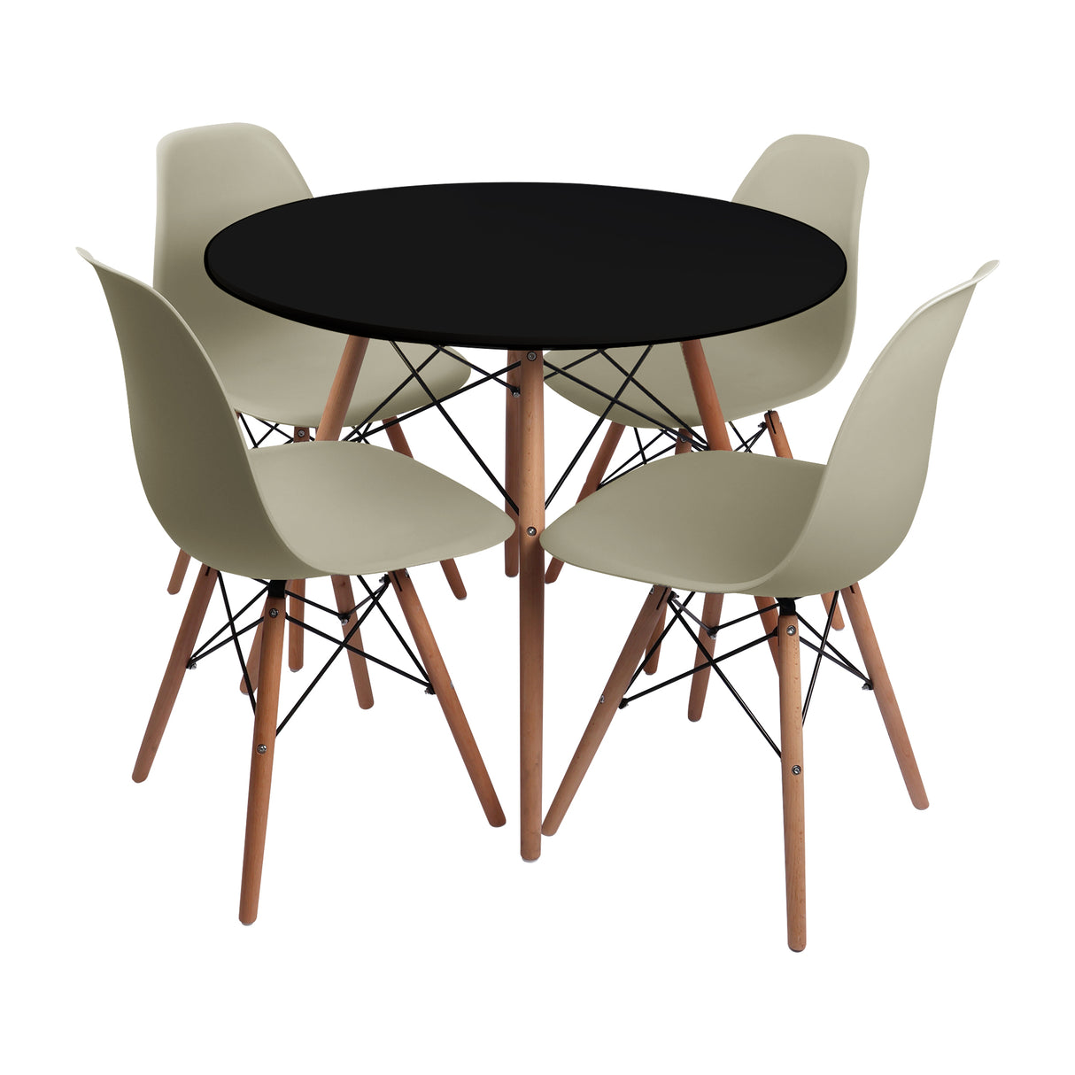 COMEDOR REDONDO NEGRO MÁS 4 SILLAS DKR TIPO EAMES BEIGES