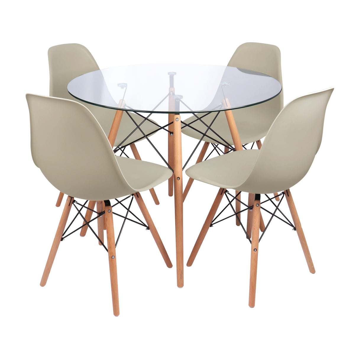 COMEDOR REDONDO TAPA VIDRIO MÁS 4 SILLAS DKR TIPO EAMES BEIGE