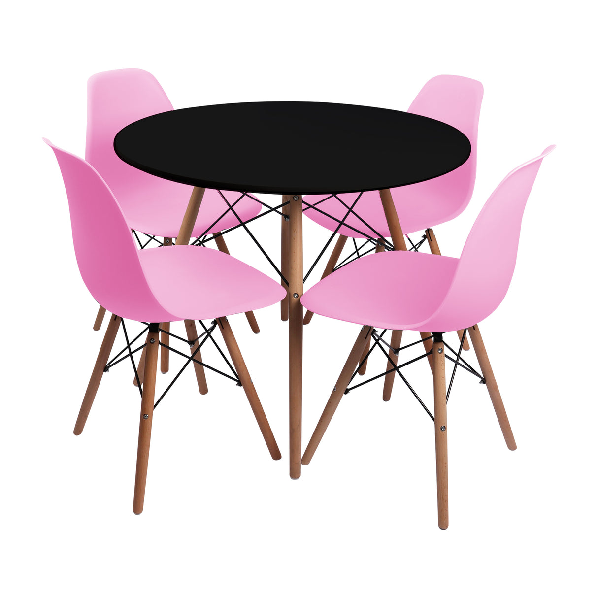 Comedor Redondo Tapa Negra más 4 sillas DKR Eames multicolor