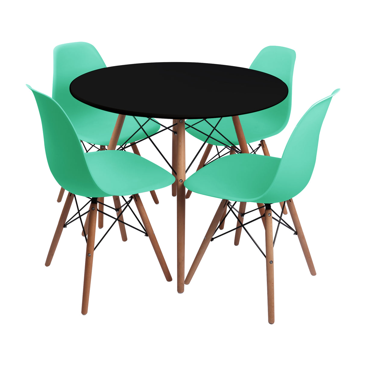 Comedor Redondo Tapa Negra más 4 sillas DKR Eames multicolor