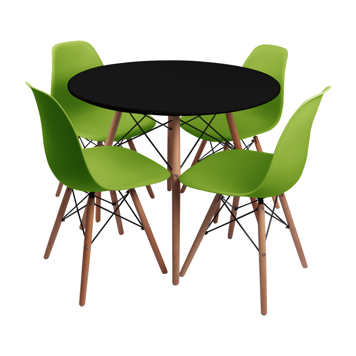Comedor Redondo Tapa Negra más 4 sillas DKR Eames multicolor
