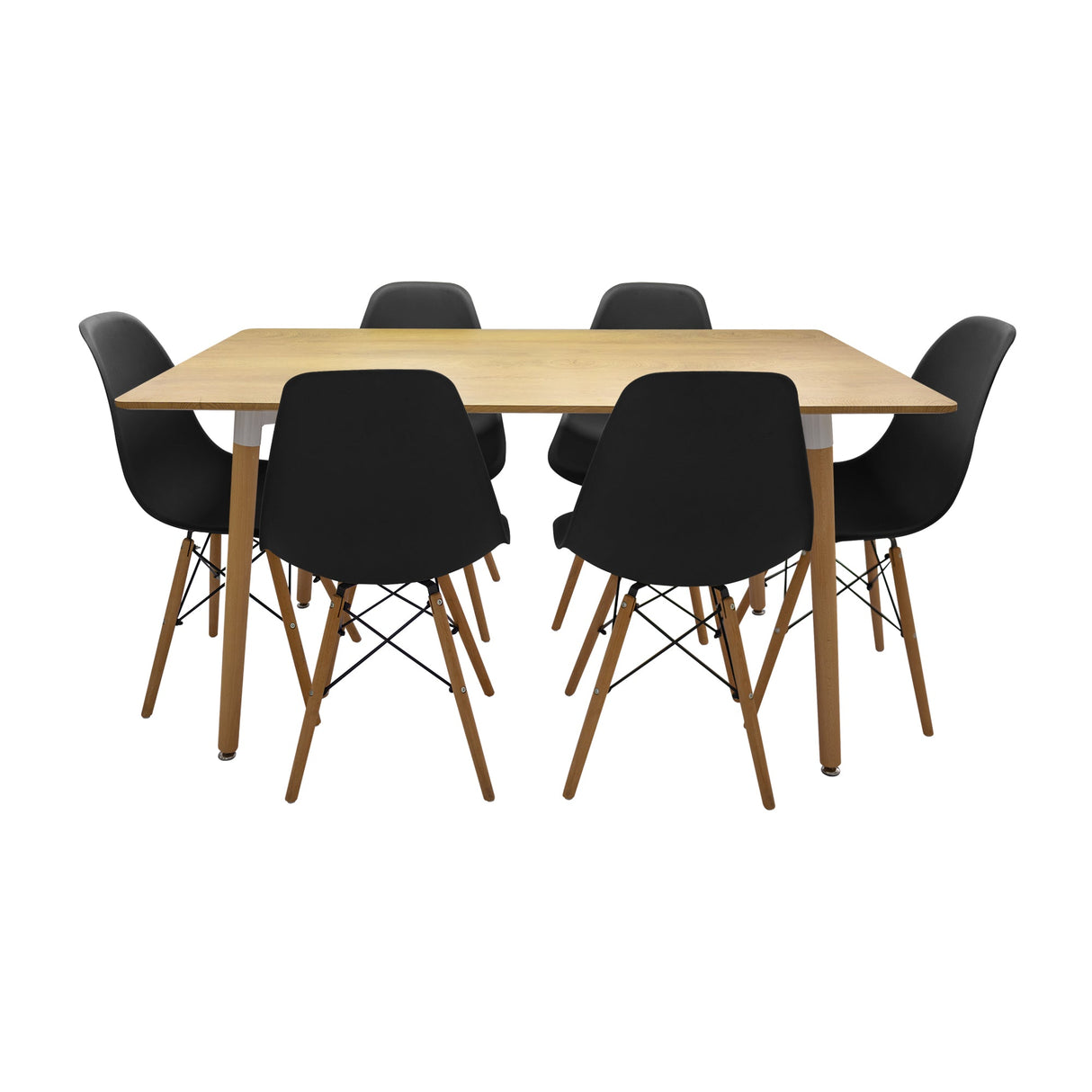 COMEDOR RECTANGULAR BRAVUS MÁS 6 SILLAS DKR TIPO EAMES NEGRAS